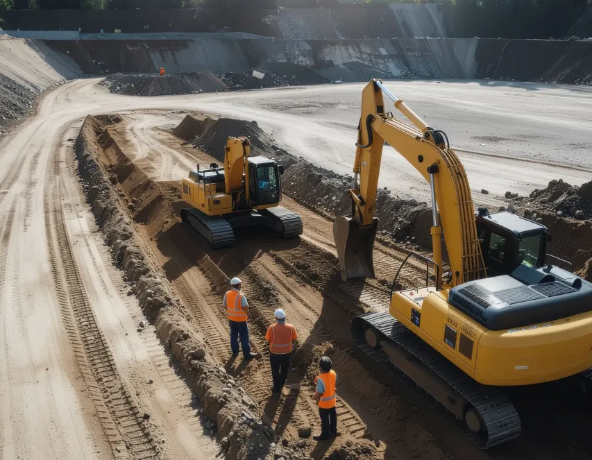 Excavator digging earth while crew members maintain safe distance on site.