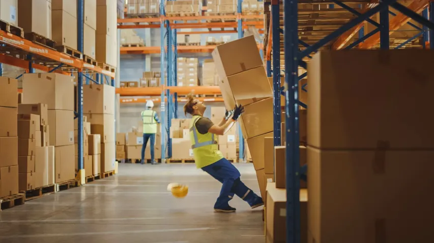 Worker reacts to falling boxes in a warehouse, showcasing the importance of hazard ID tools in promoting safer worksites.