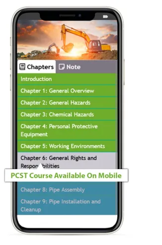 - BIS Safety Software A photo of the pipeline construction safety training course chapters displayed on a mobile device. The is also a speech bubble with the words "PCST Course Available On Mobile."