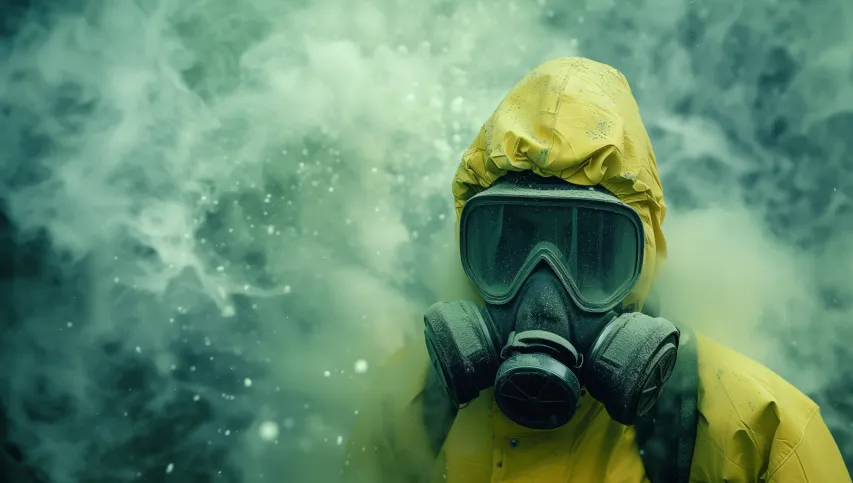 Worker in hazmat suit and full-face respirator in chemical vapor environment for airborne safety