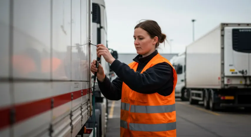 Operator confirming strap hardware and anchor integrity on an enclosed trailer to meet cargo securement standards.