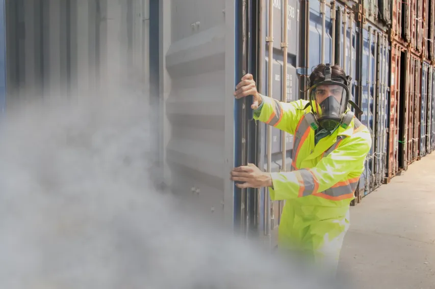Illustration showing invisible gas particles being inhaled, representing unseen workplace gas hazards.