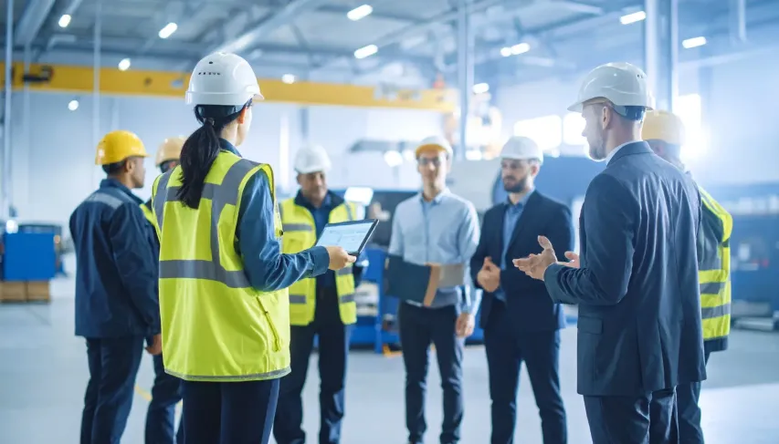 Worksite supervisor leading a safety onboarding briefing with new employees, supported by a tablet-based onboarding platform.