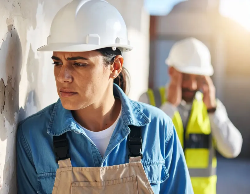 Employee adjusting safety gear while preparing for mould hazard inspection.