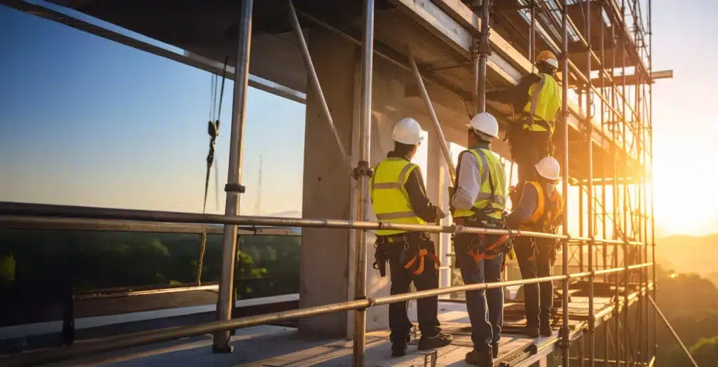Crew assembling scaffolding structure while maintaining fall protection.
