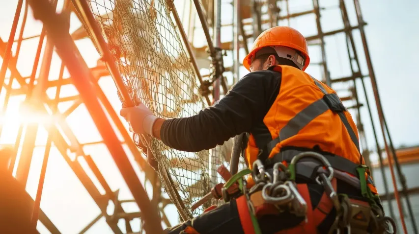 Construction worker demonstrating safe scaffold ascent with harness.