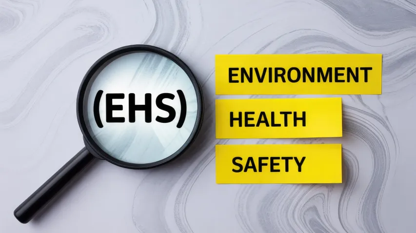 EHS under a magnifying glass beside yellow Environment, Health, and Safety strips. 