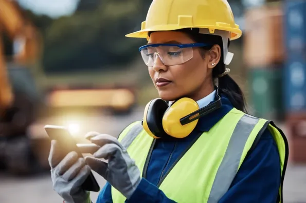 woman worker using mobile filling ehs risk form