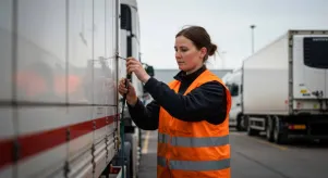 Operator confirming strap hardware and anchor integrity on an enclosed trailer to meet cargo securement standards.