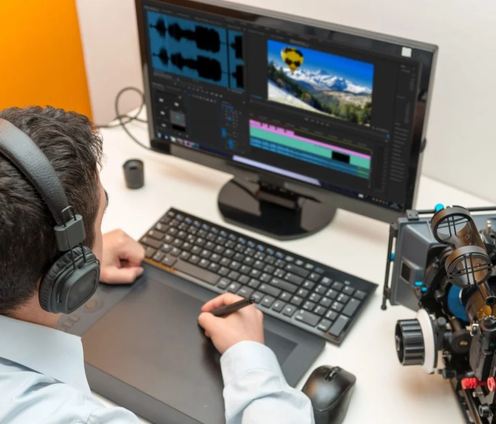 Young man editing SCORM video