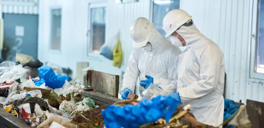 - BIS Safety Software Portrait of two workers wearing biohazard suits and hardhats working at waste processing plant sorting recyclable materials on conveyor belt