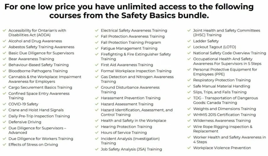 A picture of all the 50 courses safety basics includes.