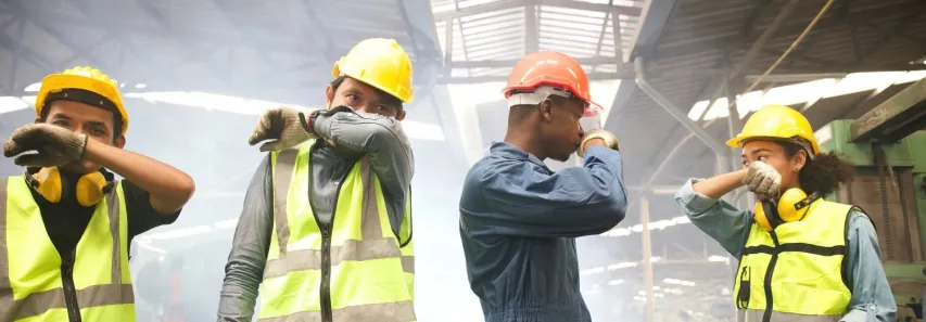 factory workers close the nose because there is a fire and smoke in machine factory