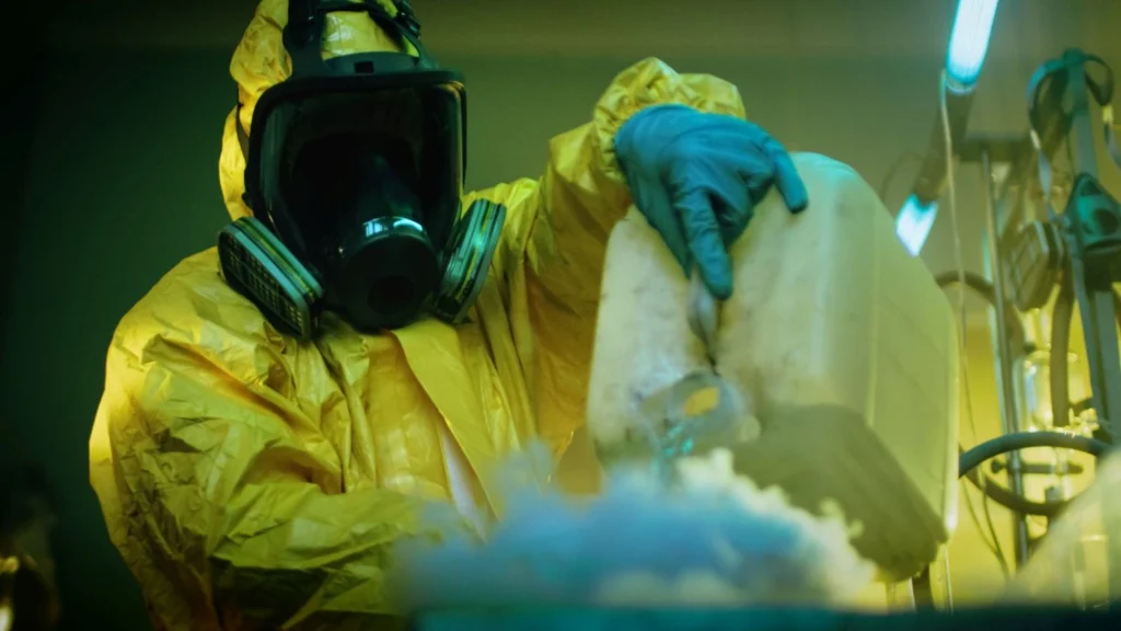 Specialistsin hazard suit using hazrdous chemicals