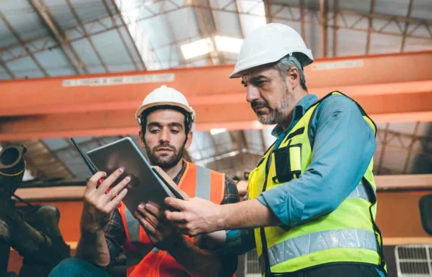 - BIS Safety Software Two senior and young male engineers in safety vest and jacket with hardhat and helmet working in warehouse and factory on a machine while fixing and inspecting equipment