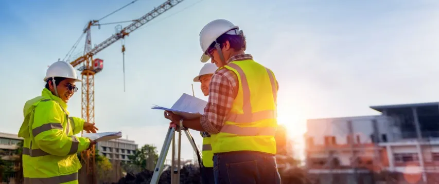 Construction engineers discussion with cor auditors at construction site or building site of highrise building with Surveying for making contour plans is a graphical representation of the lay in land.