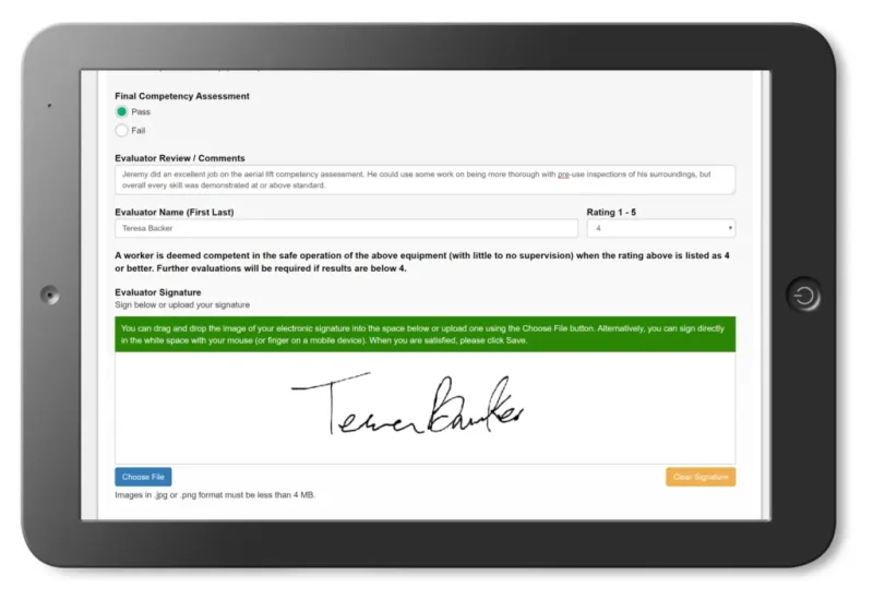 tablet with competency sign off