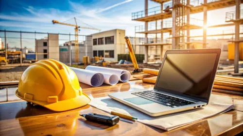 Yellow hard hats, glasses, and drafting tools lie on a desk surrounded by architectural blueprints and a laptop at a construction site.