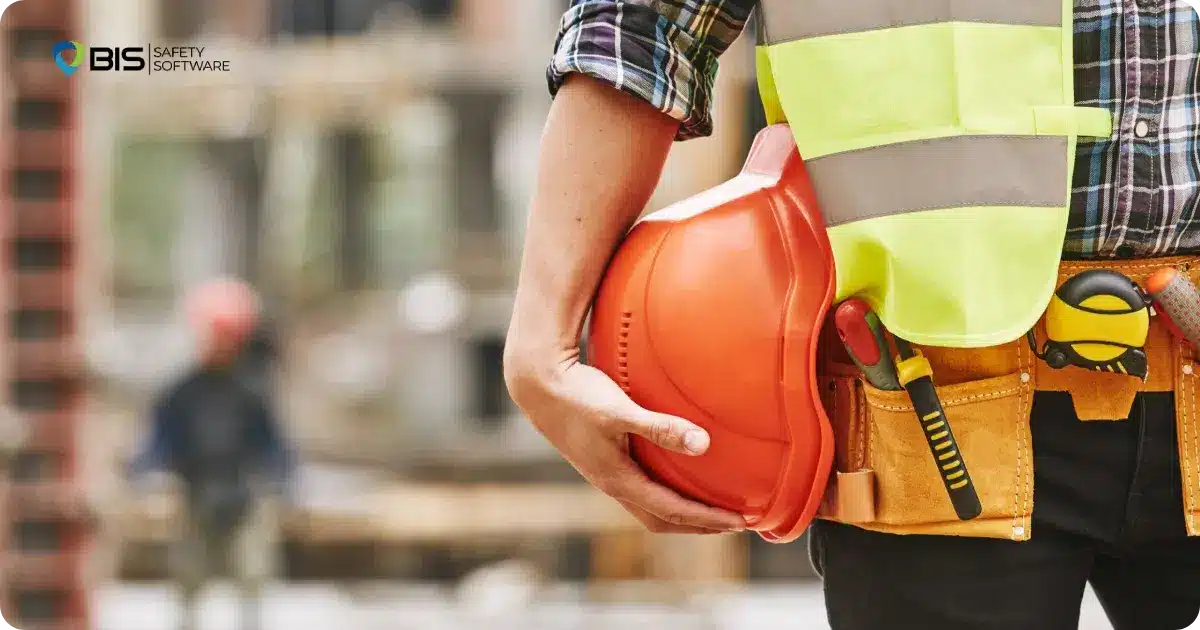 A worker with a safety helmet