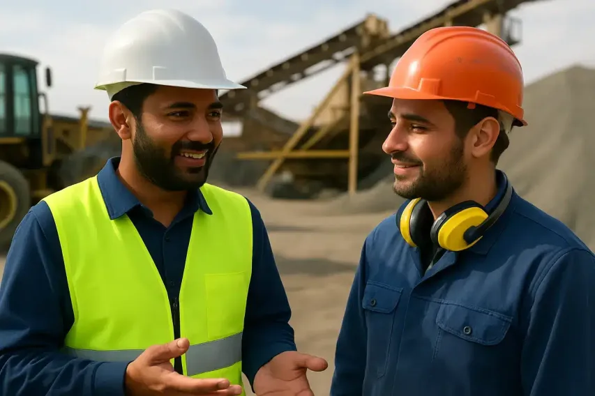 Two workers discussing site activities, reflecting the role of digital audits in encouraging accountability.