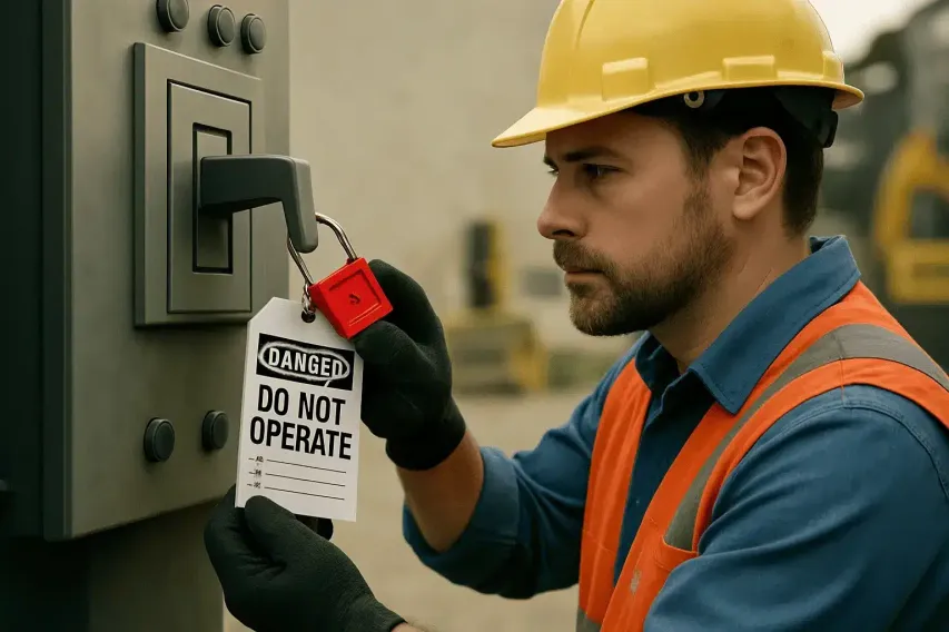 Canadian worker locking out electrical breaker
