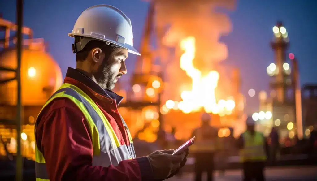Construction safety officer recording FLHA details during emergency at worksite.