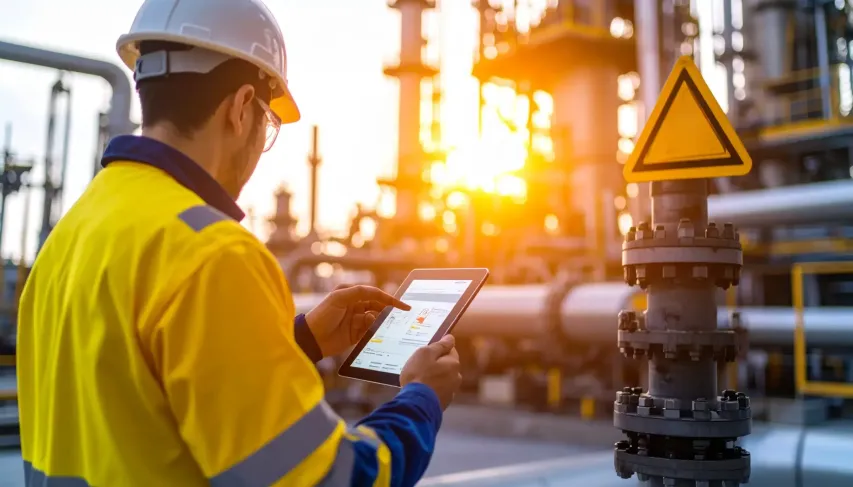 Safety professional conducting FLHA on digital device at refinery during shift change.