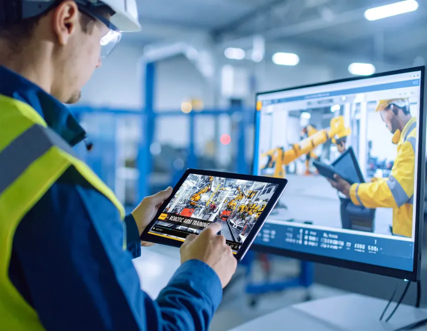 Tablet used for virtual meet-and-greet with safety staff during pre-shift onboarding.