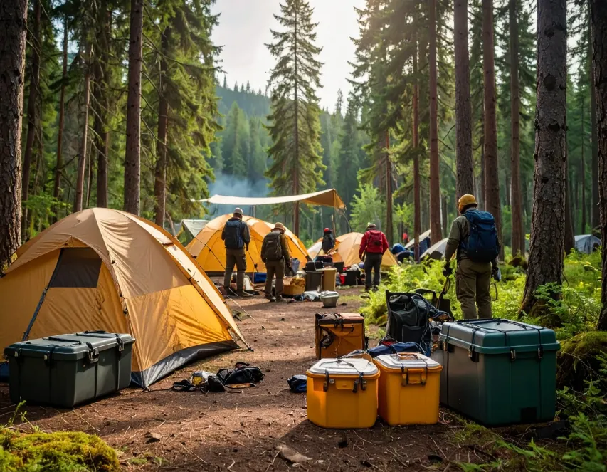 Remote Canadian work camp with bear-proof containers and tents, showing best practices for bear safety in the wilderness.