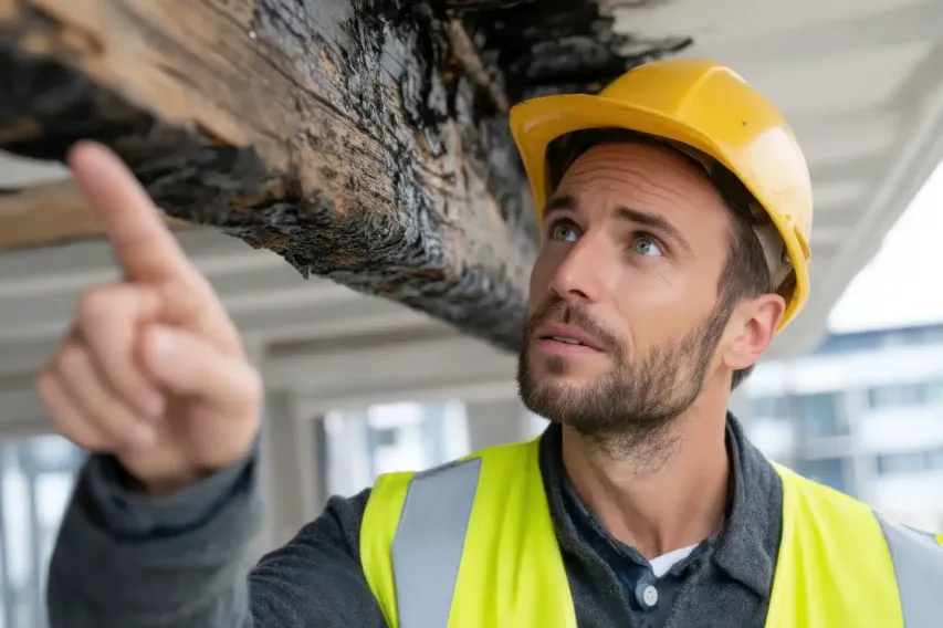 Construction supervisor pointing at visible mould risks during inspection.