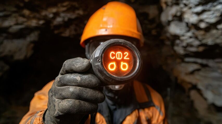 Handheld gas meter displaying CO/CO2 values used as a training example for interpreting readings.