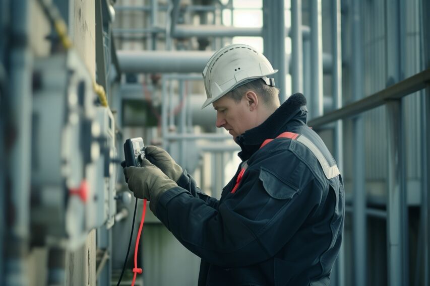 Employee conducting field sampling with a personal gas monitor to practice proper testing techniques.