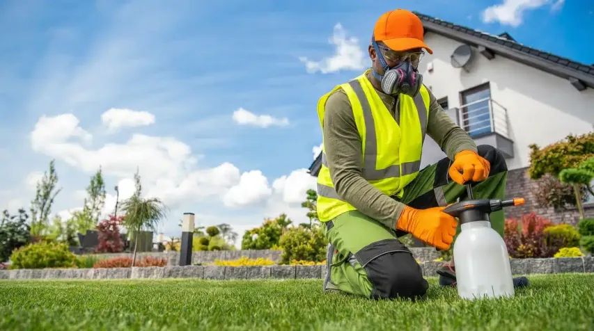 A landscaping worker laying rolled sod on a lawn while wearing gloves, overalls, and protective gear.