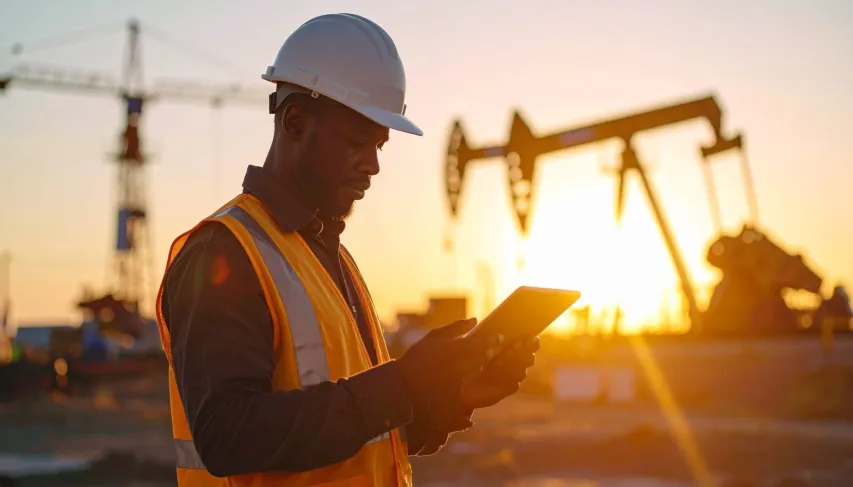 Worker reviewing a mobile FLHA solution on a tablet with oilfield equipment in the background.