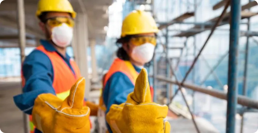 Two jobsite crew members gesture approval, emphasizing teamwork and hands-on preparedness in industrial environments.