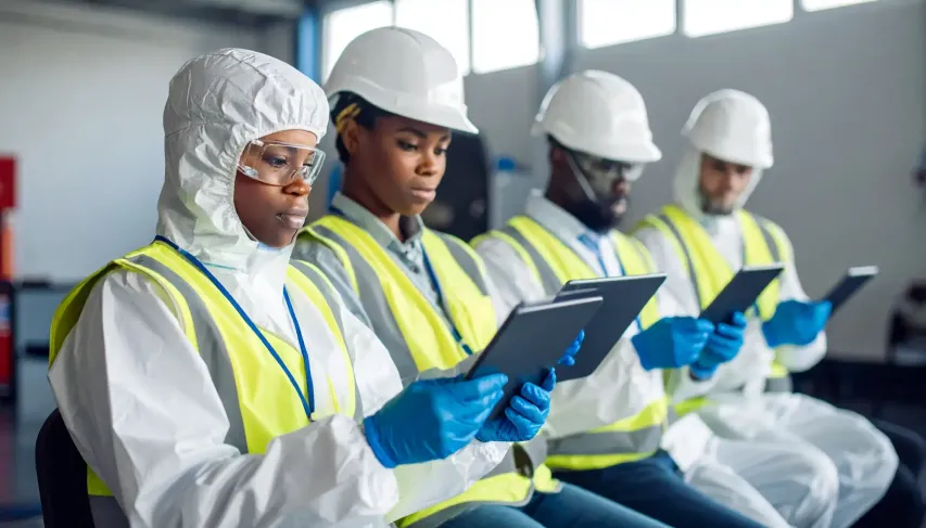 New hires in PPE take part in a streamlined safety orientation led by a site supervisor.