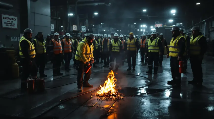 Crew in high-visibility gear near open flames, underlining propane danger awareness.