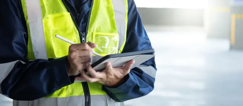 Worker reviewing safety procedures on a tablet as part of a proactive nonconformance reporting process.