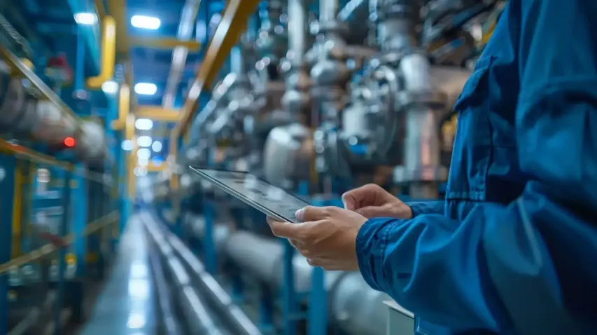 Worker in safety vest using a tablet to report nonconformance issues as part of a proactive safety process.