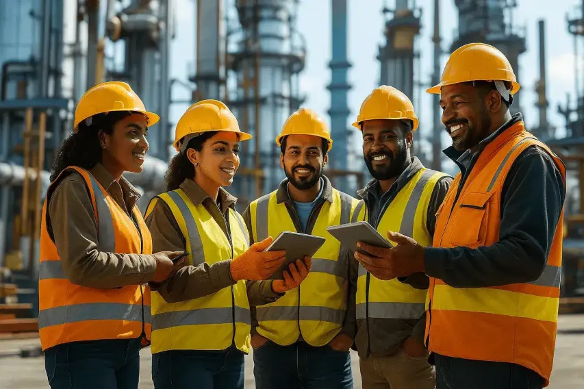 Workers in safety gear using BIS Playbooks on tablets to manage compliance and site procedures.