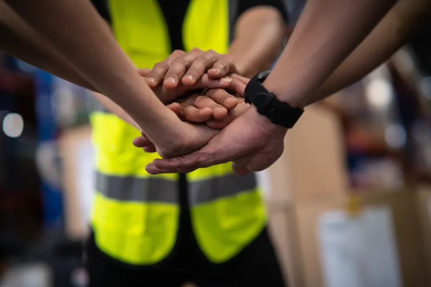 Workers placing hands together to represent teamwork and safety collaboration.