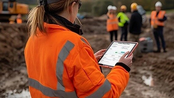 supervisor looking at ehs risk form on digital table