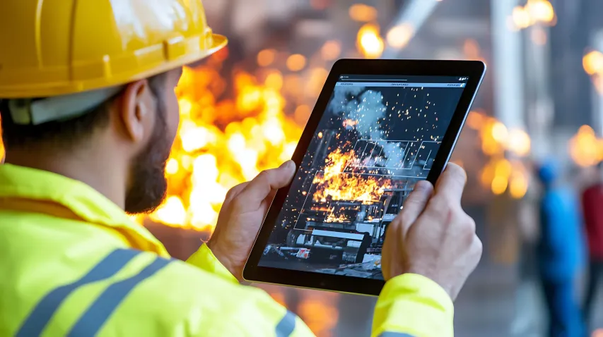 Worker conducting a digital FLHA solution check on a tablet to assess hazards at a job site. 