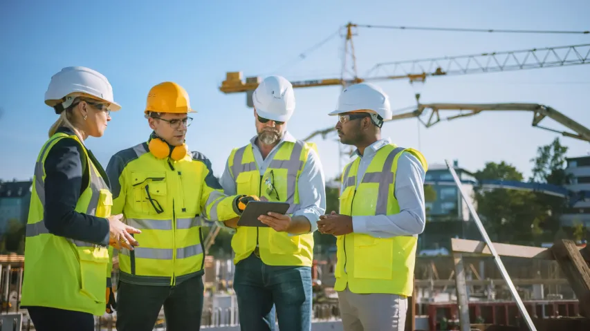 Engineer and construction crew using tablet for digital toolbox talk at outdoor jobsite.