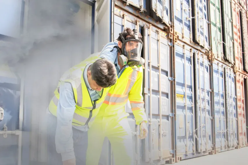 Worker wearing a safety mask and hard hat to protect against hazardous workplace gases.