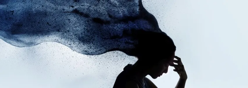 Mental Health Concept. Exhausted Depressed Female touching Forehead. Stressed Woman combiled with Silhouette photo and Watercolor