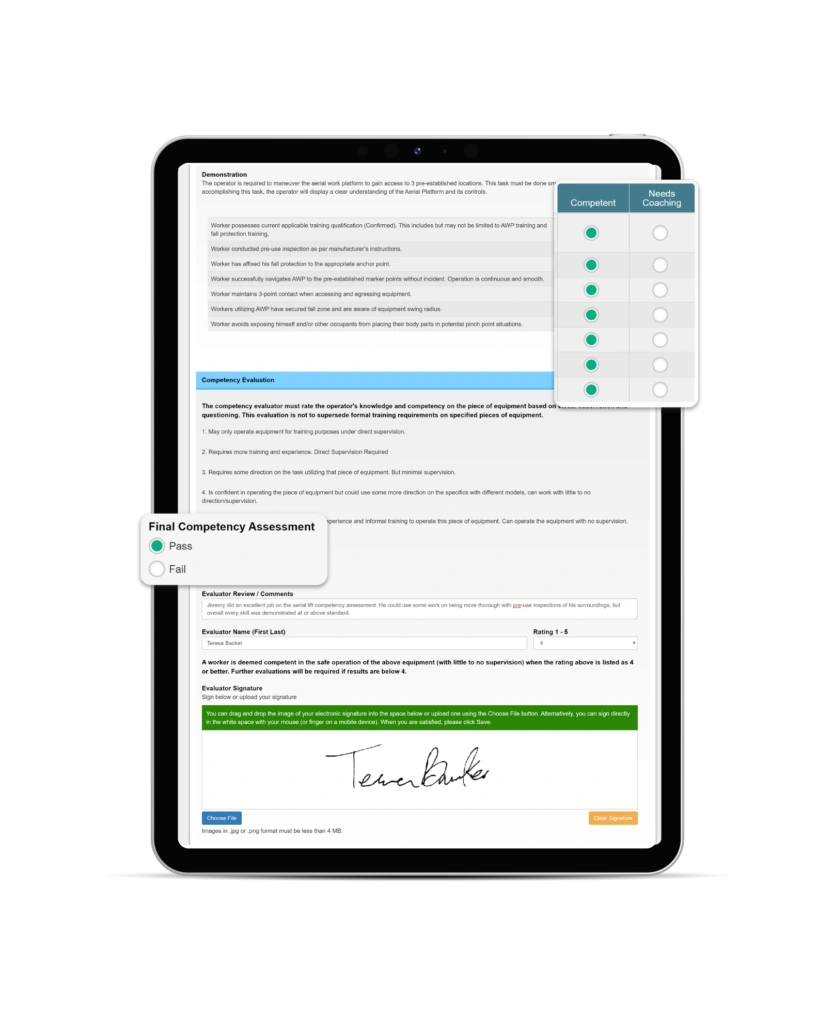 Competency assessment on a tablet using EHS software.