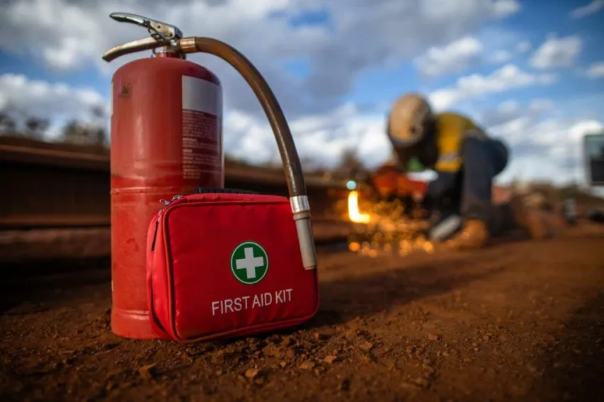 - BIS Safety Software Fire Safety Equipment in focus while a worker performs hot work on a rail with a grinder. A good example of fire safety prep for a workplace safety topic discussion.
