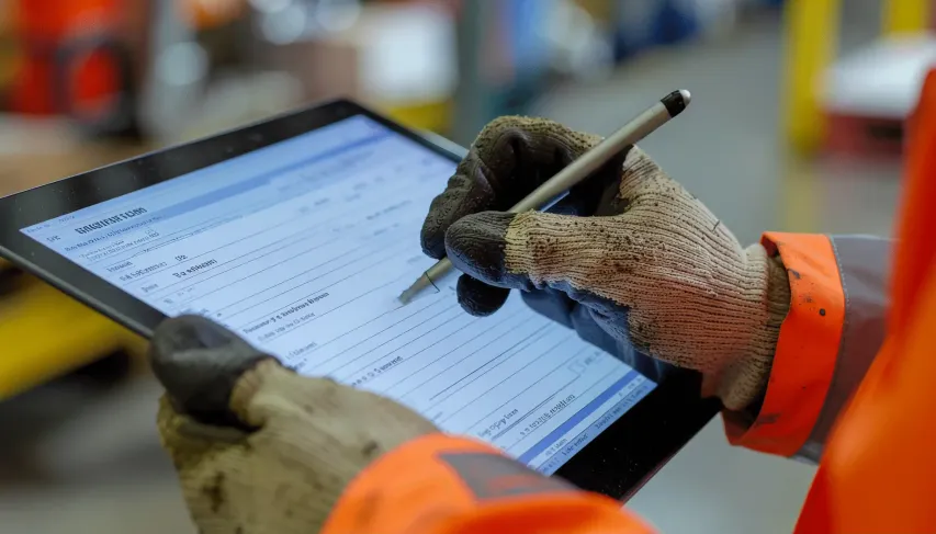 Using a tablet to record safety information during an industrial toolbox talk.
