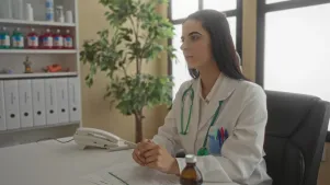 Hispanic woman doctor in clinic wearing stethoscope seated at desk in medical workplace with plants and documents on table suggesting professional healthcare setting.